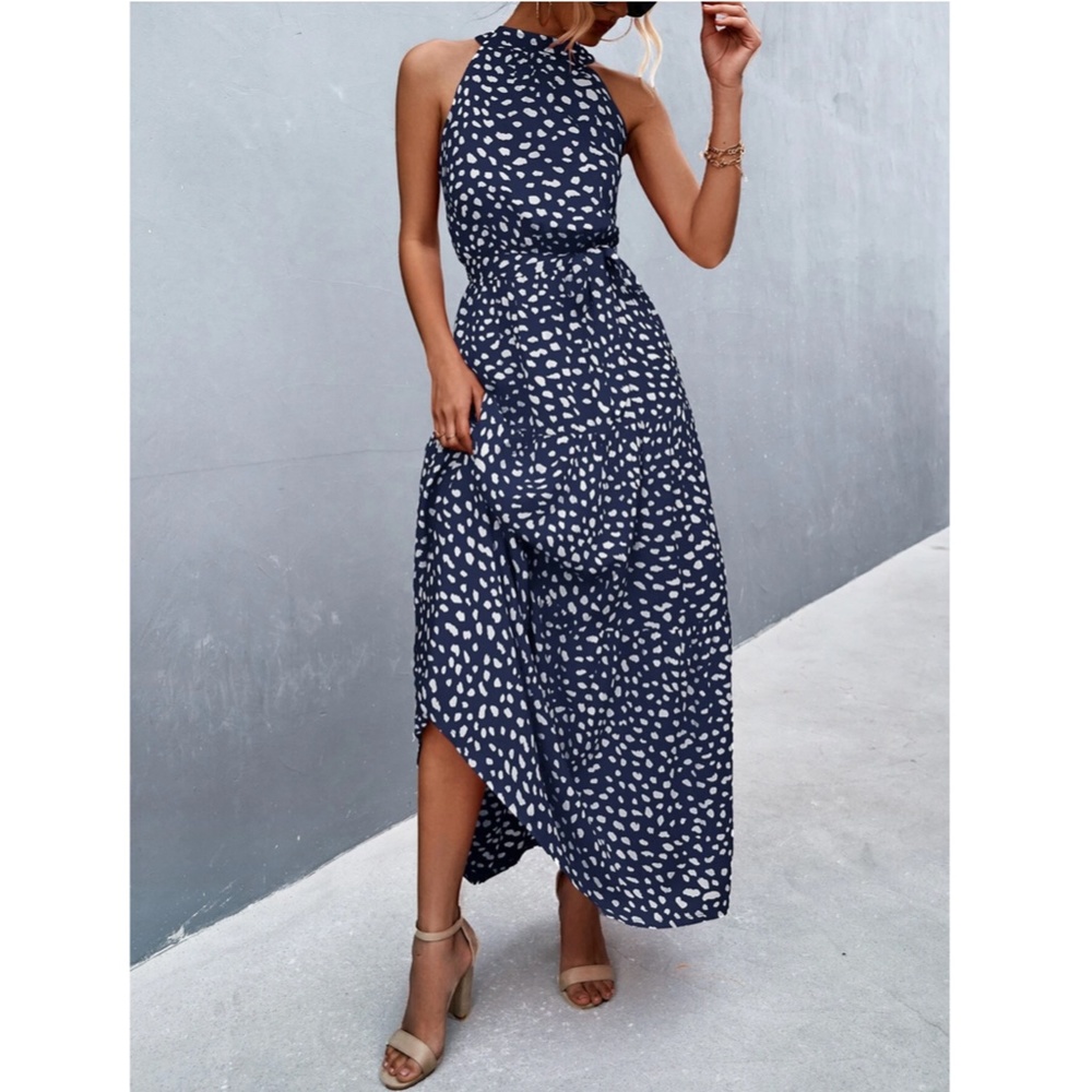 Spotted Print Maxi Dress Tie Belt High Neck - Picture 4 of 15